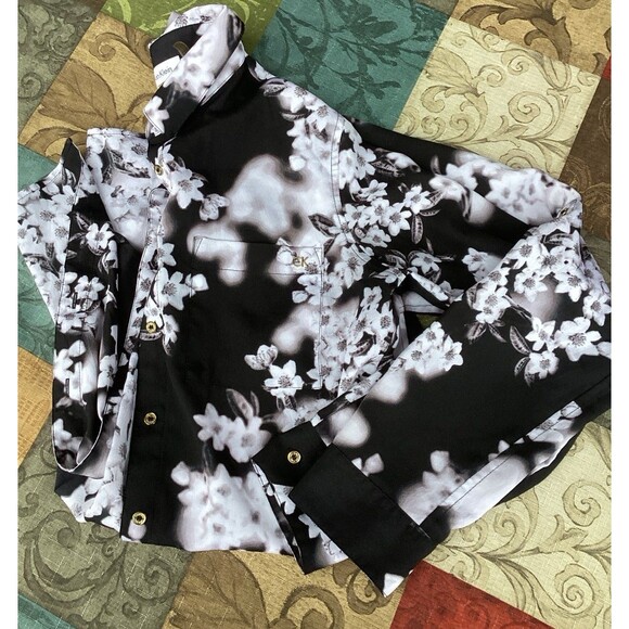 Calvin Klein Floral Print Black & White Blouse Uneven Hem Size Small - Picture 11 of 11